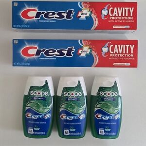 2 Crest Cavity Protection & 3 Crest Scope Toothpastes Bundle. All Brand New